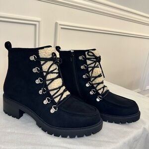 Black and Cream Winter Boots with Chunky Soles